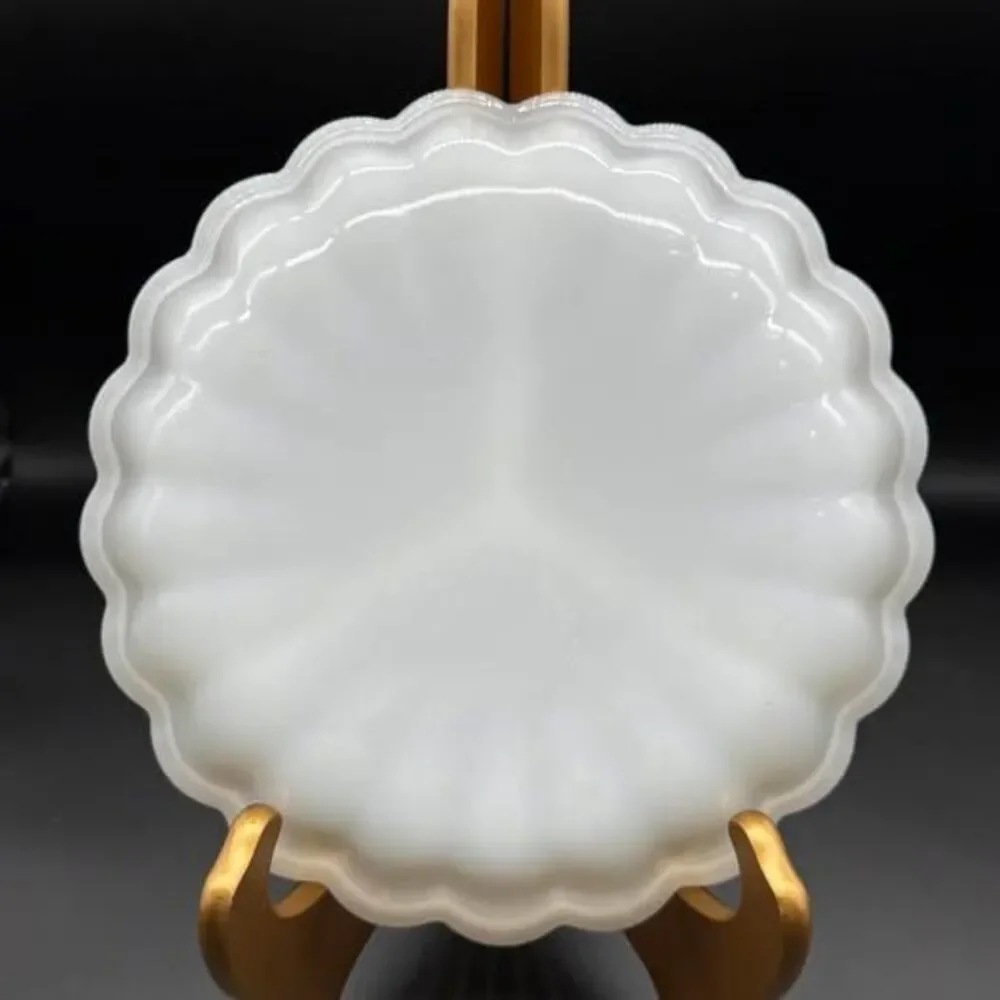 Vintage Fire-King Milk Glass Gold Beaded Divided Relish Dish